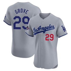 Men's Los Angeles Dodgers Michael Grove Elite Gray Road World Series Champions Jersey